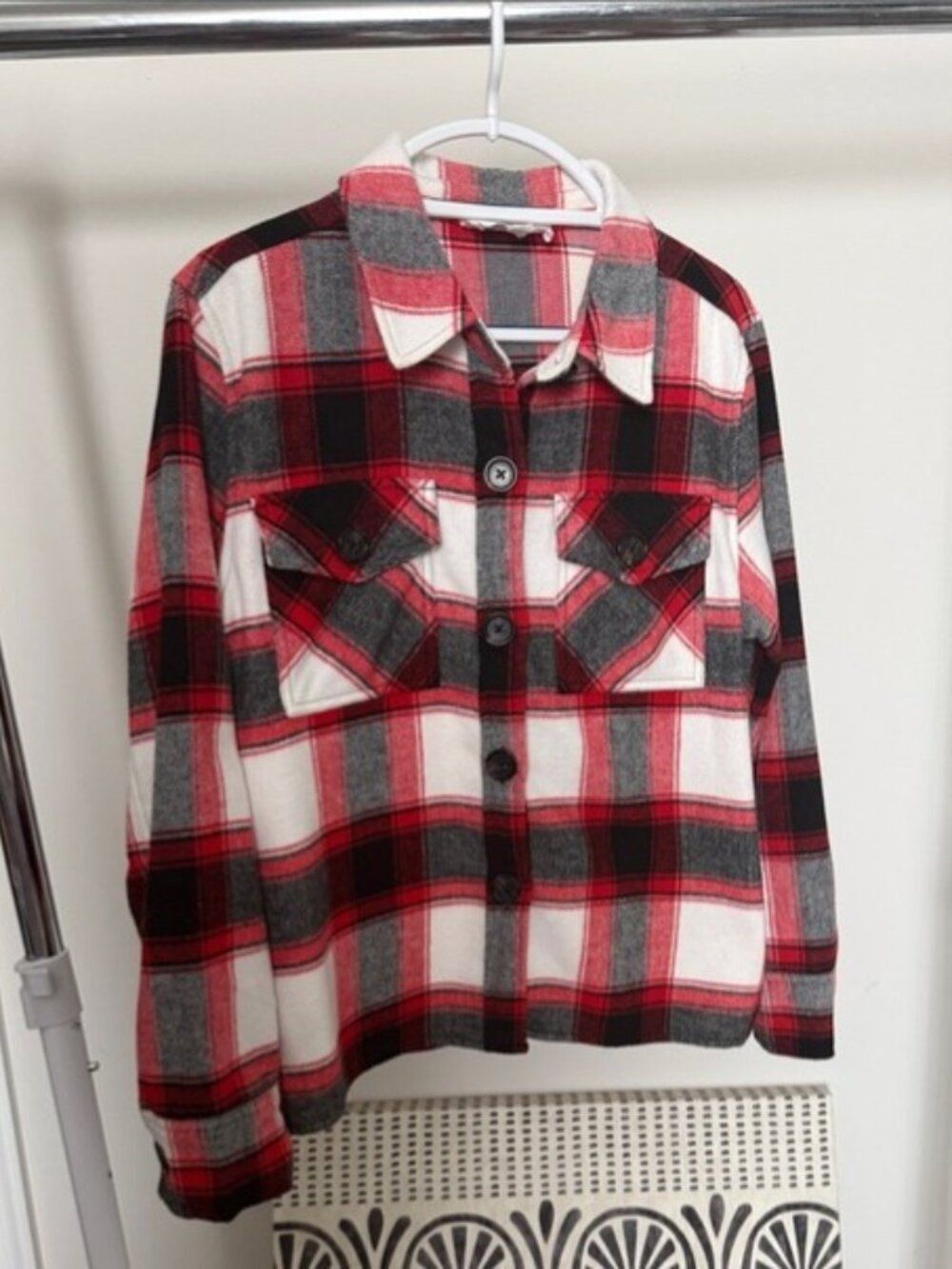 Plaid Shacket Shirt Jacket Size L Red Black White